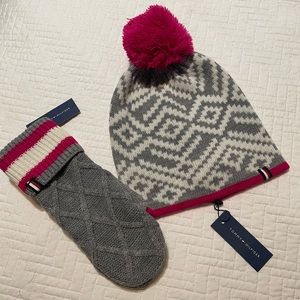 NEW Tommy Hilfiger Hot Pink and Cream/White Beanie and Mittens MSRP $100